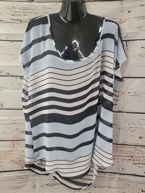 Torrid Size 3 Blue Black Striped Chiffon Blouse Sheer Short Sleeve Plus Size